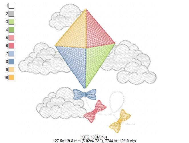 Kite embroidery designs - Baby Boy machine embroidery pattern - Kid toy file - Sky flying clouds - Instant digital download pes jef dst hus