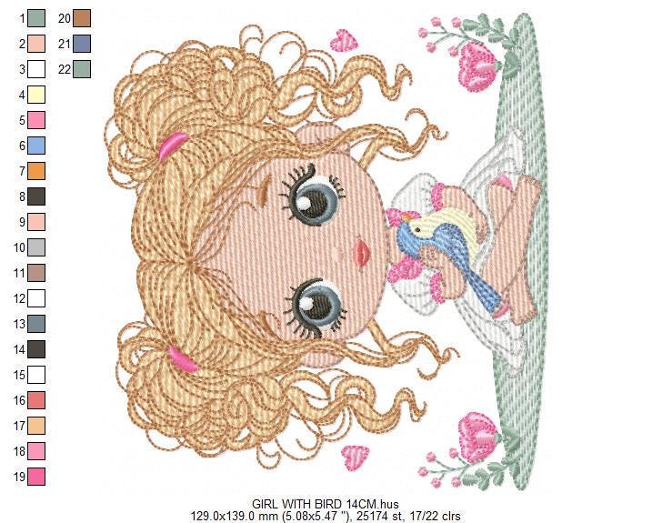 Baby Girl with blond curly long hair embroidery designs - Toodler with bird machine embroidery pattern - Instant digital download pes jef