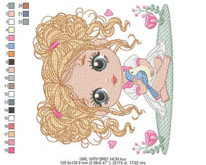 Baby Girl with blond curly long hair embroidery designs - Toodler with bird machine embroidery pattern - Instant digital download pes jef