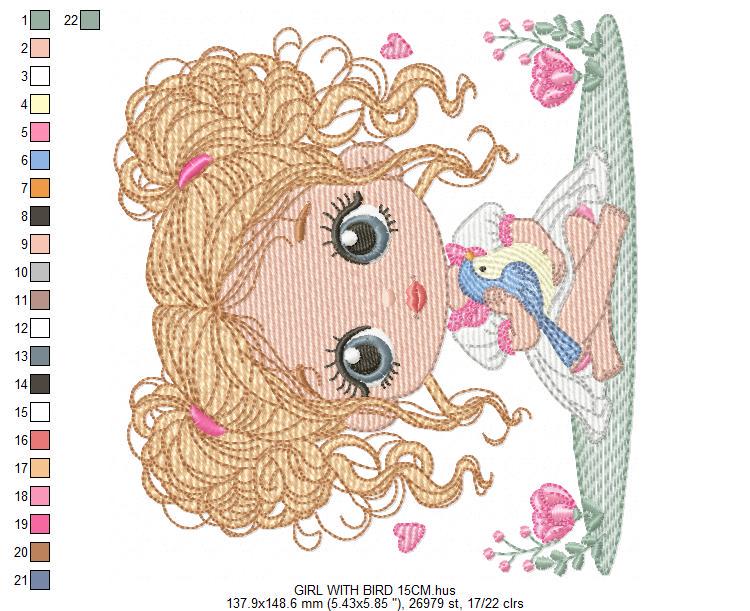 Baby Girl with blond curly long hair embroidery designs - Toodler with bird machine embroidery pattern - Instant digital download pes jef