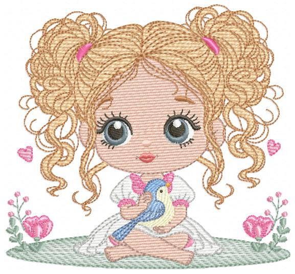 Baby Girl with blond curly long hair embroidery designs - Toodler with bird machine embroidery pattern - Instant digital download pes jef
