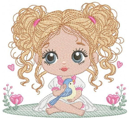 Baby Girl with blond curly long hair embroidery designs - Toodler with bird machine embroidery pattern - Instant digital download pes jef