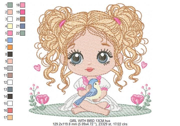 Baby Girl with blond curly long hair embroidery designs - Toodler with bird machine embroidery pattern - Instant digital download pes jef