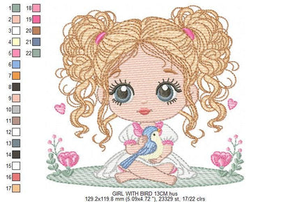 Baby Girl with blond curly long hair embroidery designs - Toodler with bird machine embroidery pattern - Instant digital download pes jef
