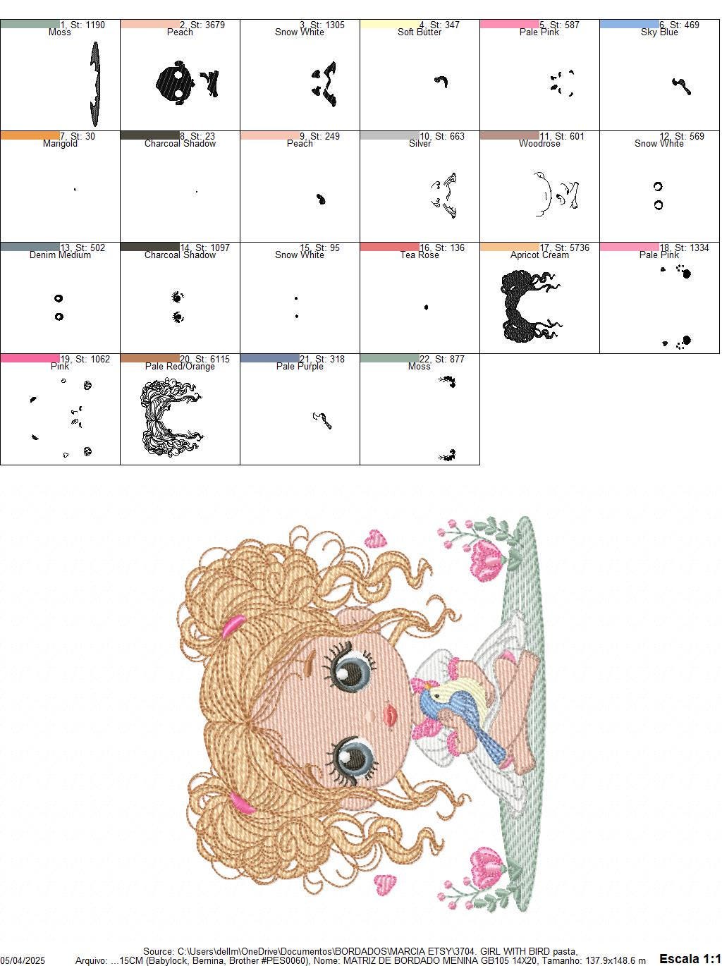 Baby Girl with blond curly long hair embroidery designs - Toodler with bird machine embroidery pattern - Instant digital download pes jef
