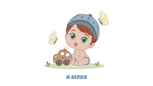 Baby Boy with toy car embroidery designs - Toddler playing machine embroidery pattern - Boy with cap - Instant digital download pes jef dst