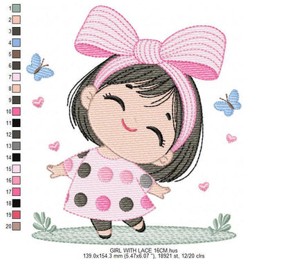 Girl embroidery designs - Baby girl with lace embroidery design machine embroidery pattern - Toddler file - Instant digital download pes jef