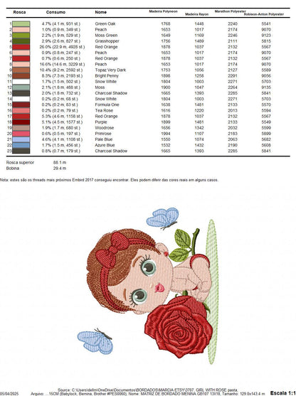 Baby Girl with rose embroidery designs - Baby girl with lace and flower machine embroidery pattern - Girl with short hair - Instant download