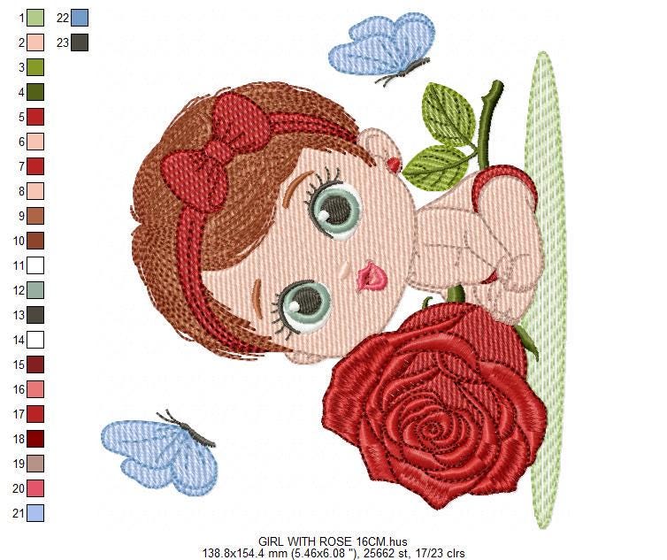 Baby Girl with rose embroidery designs - Baby girl with lace and flower machine embroidery pattern - Girl with short hair - Instant download