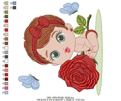 Baby Girl with rose embroidery designs - Baby girl with lace and flower machine embroidery pattern - Girl with short hair - Instant download