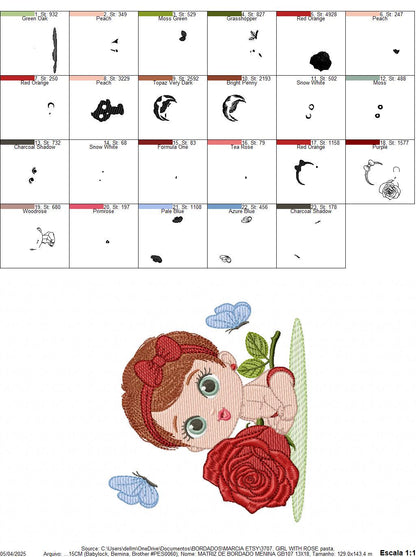 Baby Girl with rose embroidery designs - Baby girl with lace and flower machine embroidery pattern - Girl with short hair - Instant download
