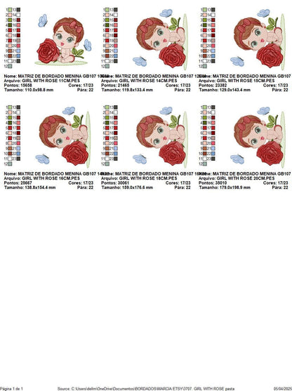 Baby Girl with rose embroidery designs - Baby girl with lace and flower machine embroidery pattern - Girl with short hair - Instant download