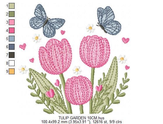 Tulip garden embroidery designs - Flowers with butterflies machine embroidery pattern - Kitchen tea towel file - instant download pes dst