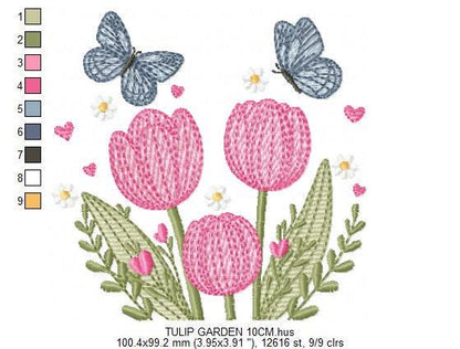 Tulip garden embroidery designs - Flowers with butterflies machine embroidery pattern - Kitchen tea towel file - instant download pes dst
