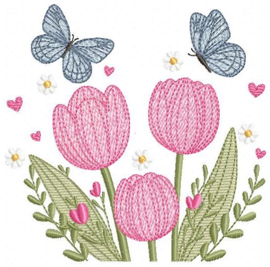 Tulip garden embroidery designs - Flowers with butterflies machine embroidery pattern - Kitchen tea towel file - instant download pes dst