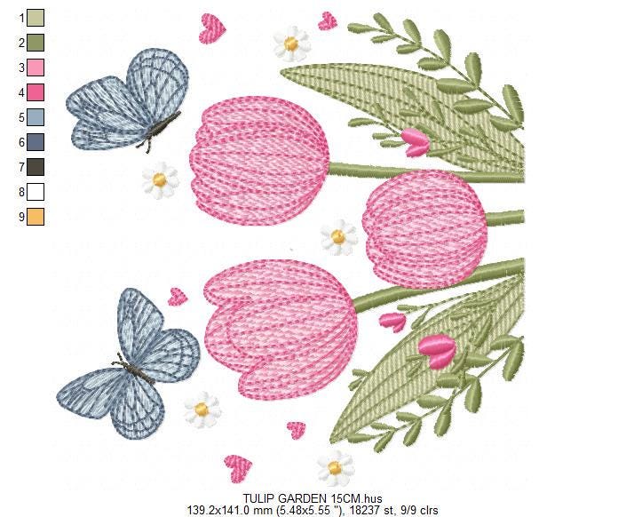 Tulip garden embroidery designs - Flowers with butterflies machine embroidery pattern - Kitchen tea towel file - instant download pes dst