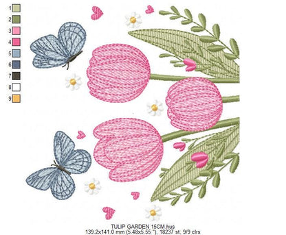 Tulip garden embroidery designs - Flowers with butterflies machine embroidery pattern - Kitchen tea towel file - instant download pes dst