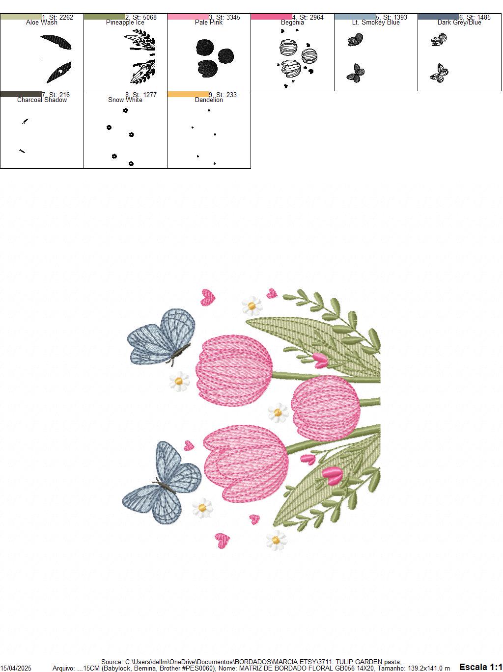 Tulip garden embroidery designs - Flowers with butterflies machine embroidery pattern - Kitchen tea towel file - instant download pes dst