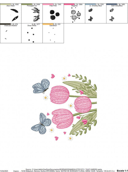 Tulip garden embroidery designs - Flowers with butterflies machine embroidery pattern - Kitchen tea towel file - instant download pes dst