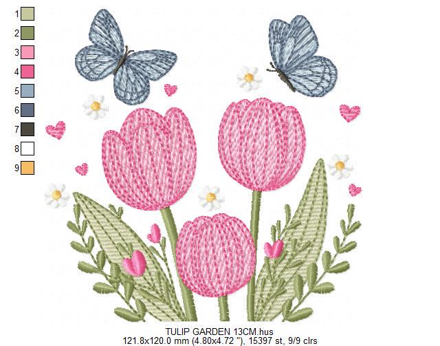 Tulip garden embroidery designs - Flowers with butterflies machine embroidery pattern - Kitchen tea towel file - instant download pes dst