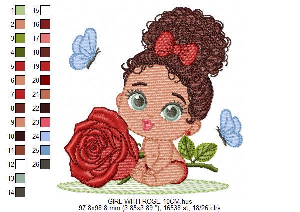 Baby Girl with Black Curly Long Hair embroidery designs - Girl with lace and rose machine embroidery pattern - Instant download pes jef