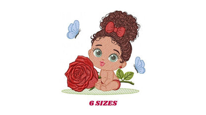 Baby Girl with Black Curly Long Hair embroidery designs - Girl with lace and rose machine embroidery pattern - Instant download pes jef