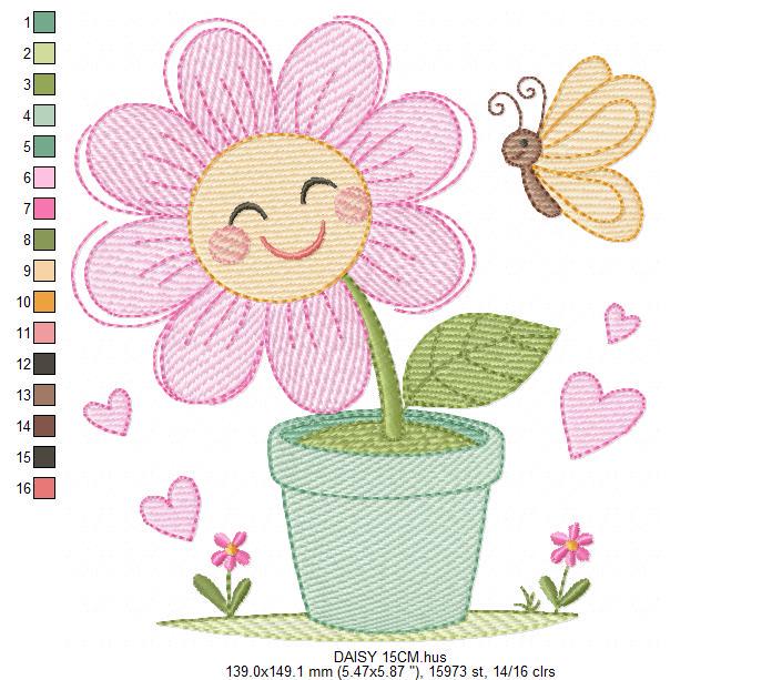 Flower with happy face embroidery designs - Flowerpot machine embroidery pattern - Floral Grandma Kitchen Towel - Instant download pes jef