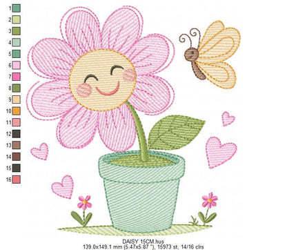 Flower with happy face embroidery designs - Flowerpot machine embroidery pattern - Floral Grandma Kitchen Towel - Instant download pes jef