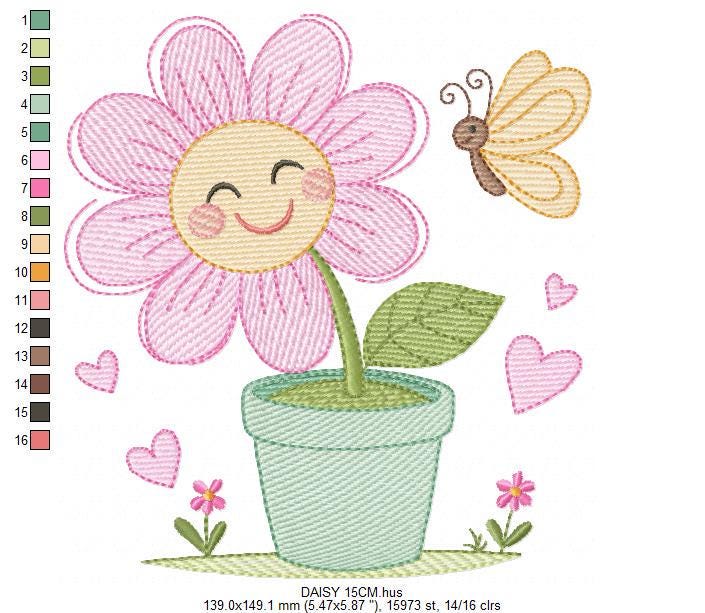 Flower with happy face embroidery designs - Flowerpot machine embroidery pattern - Floral Grandma Kitchen Towel - Instant download pes jef