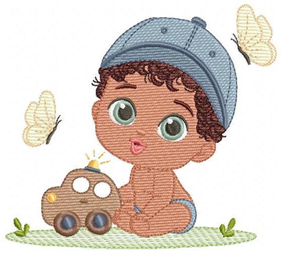 Baby Boy with toy car embroidery designs - Toddler playing machine embroidery pattern - Boy with cap and black curly hair - Instant download