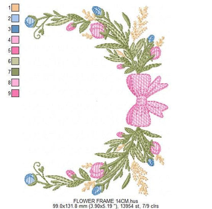 Laurel with lace and flowers embroidery designs - Floral wreath machine embroidery pattern - Monogram frame file - Instant digital download