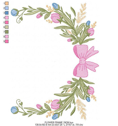 Laurel with lace and flowers embroidery designs - Floral wreath machine embroidery pattern - Monogram frame file - Instant digital download