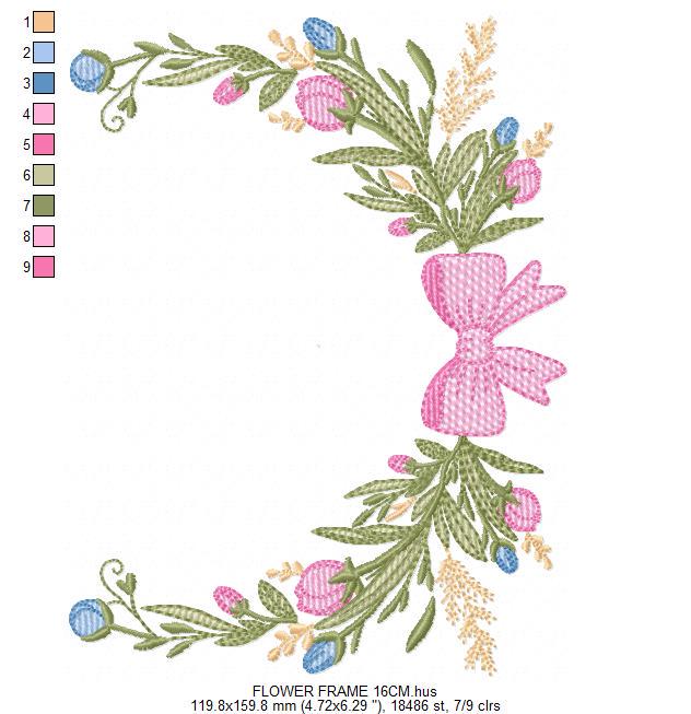 Laurel with lace and flowers embroidery designs - Floral wreath machine embroidery pattern - Monogram frame file - Instant digital download