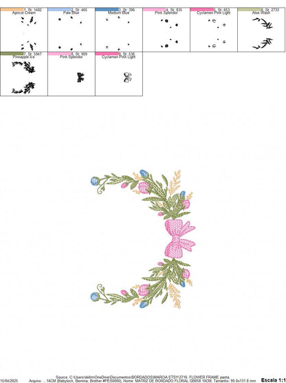 Laurel with lace and flowers embroidery designs - Floral wreath machine embroidery pattern - Monogram frame file - Instant digital download