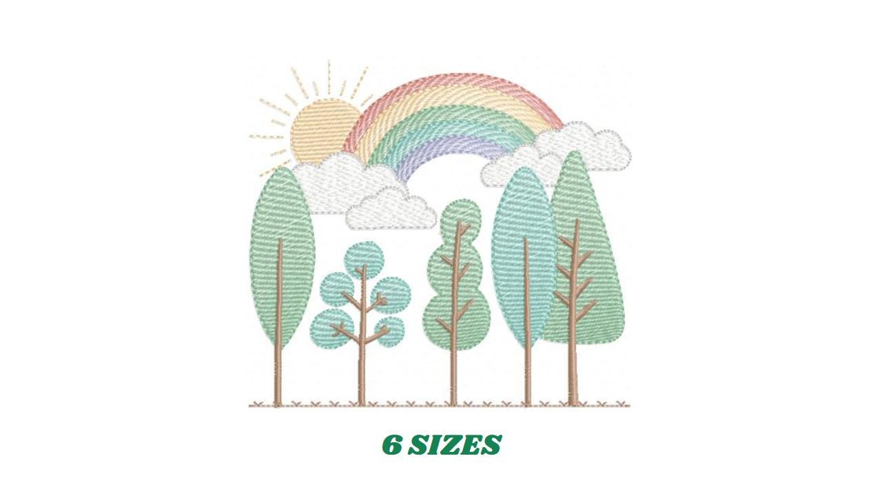 Tree Forest embroidery designs - Sun with rainbow machine embroidery pattern - Spring Summer Landscape file - Instant digital download pes