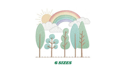 Tree Forest embroidery designs - Sun with rainbow machine embroidery pattern - Spring Summer Landscape file - Instant digital download pes