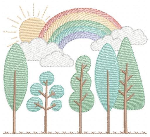 Tree Forest embroidery designs - Sun with rainbow machine embroidery pattern - Spring Summer Landscape file - Instant digital download pes