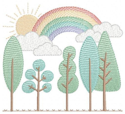 Tree Forest embroidery designs - Sun with rainbow machine embroidery pattern - Spring Summer Landscape file - Instant digital download pes
