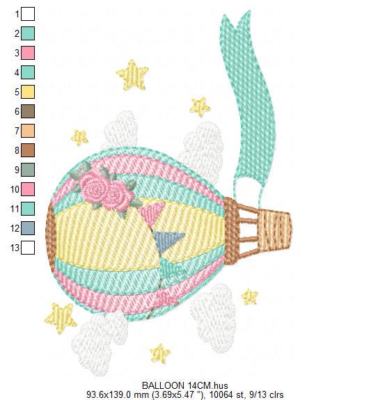 Balloon embroidery designs - Hot air balloon with clouds machine embroidery pattern - Sky clouds file - Instant digital download pes jef dst