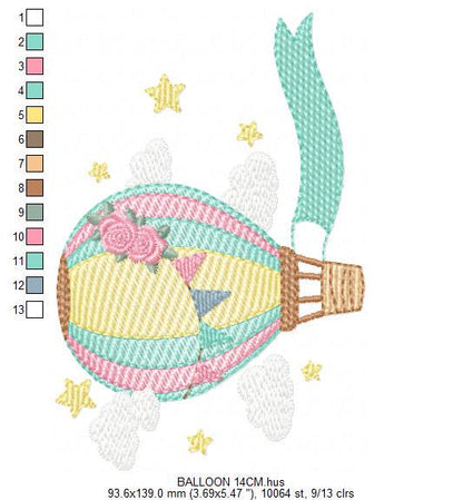 Balloon embroidery designs - Hot air balloon with clouds machine embroidery pattern - Sky clouds file - Instant digital download pes jef dst
