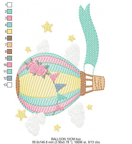 Balloon embroidery designs - Hot air balloon with clouds machine embroidery pattern - Sky clouds file - Instant digital download pes jef dst
