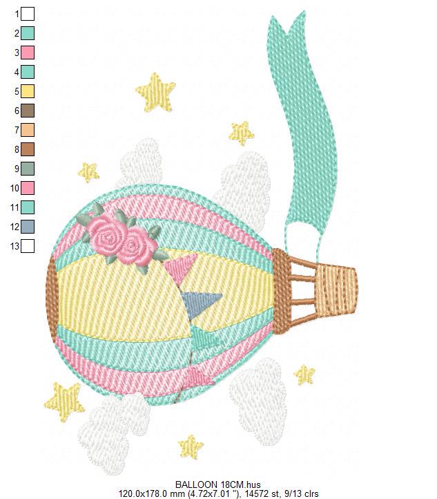 Balloon embroidery designs - Hot air balloon with clouds machine embroidery pattern - Sky clouds file - Instant digital download pes jef dst