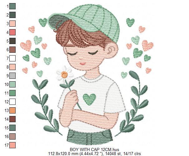 Boy embroidery design - Child with cap and hearts machine embroidery pattern - Children toddler with laurel frame - Instant download pes jef