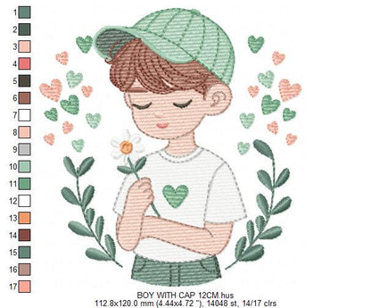 Boy embroidery design - Child with cap and hearts machine embroidery pattern - Children toddler with laurel frame - Instant download pes jef