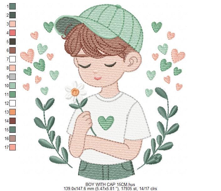 Boy embroidery design - Child with cap and hearts machine embroidery pattern - Children toddler with laurel frame - Instant download pes jef