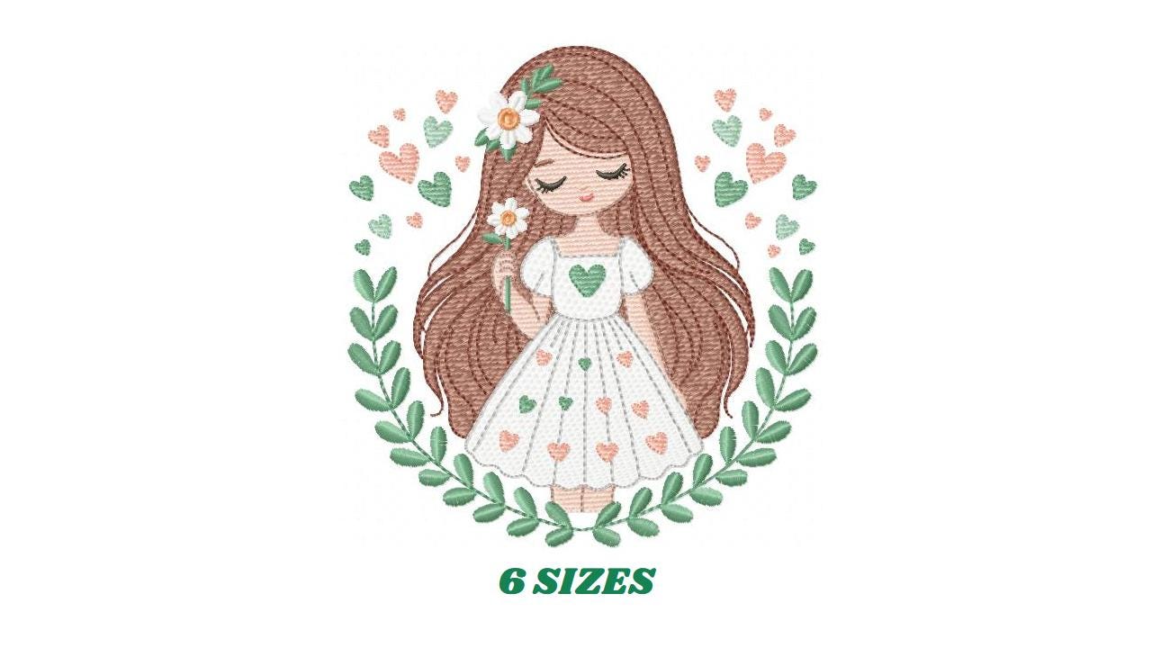 Baby girl embroidery designs - Children with laurel frame machine embroidery pattern - Teenager girl with hearts file - Instant download pes