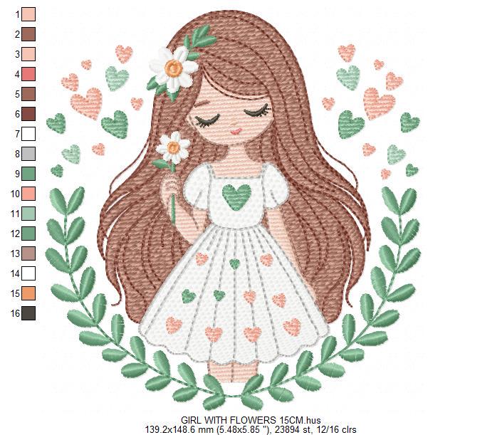 Baby girl embroidery designs - Children with laurel frame machine embroidery pattern - Teenager girl with hearts file - Instant download pes