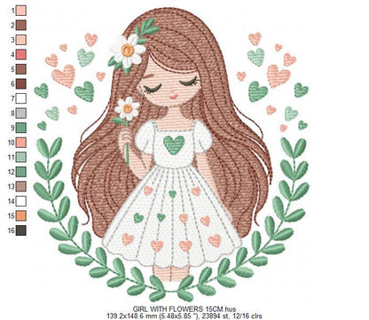 Baby girl embroidery designs - Children with laurel frame machine embroidery pattern - Teenager girl with hearts file - Instant download pes