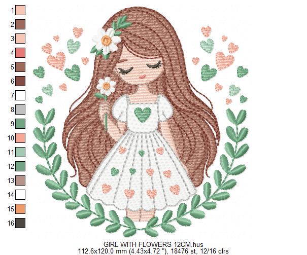 Baby girl embroidery designs - Children with laurel frame machine embroidery pattern - Teenager girl with hearts file - Instant download pes
