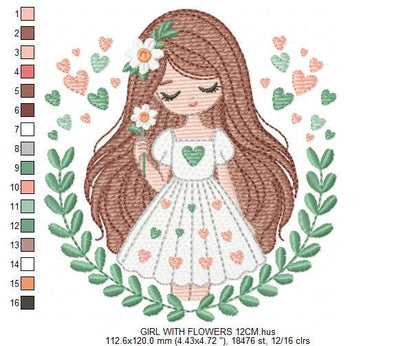 Baby girl embroidery designs - Children with laurel frame machine embroidery pattern - Teenager girl with hearts file - Instant download pes